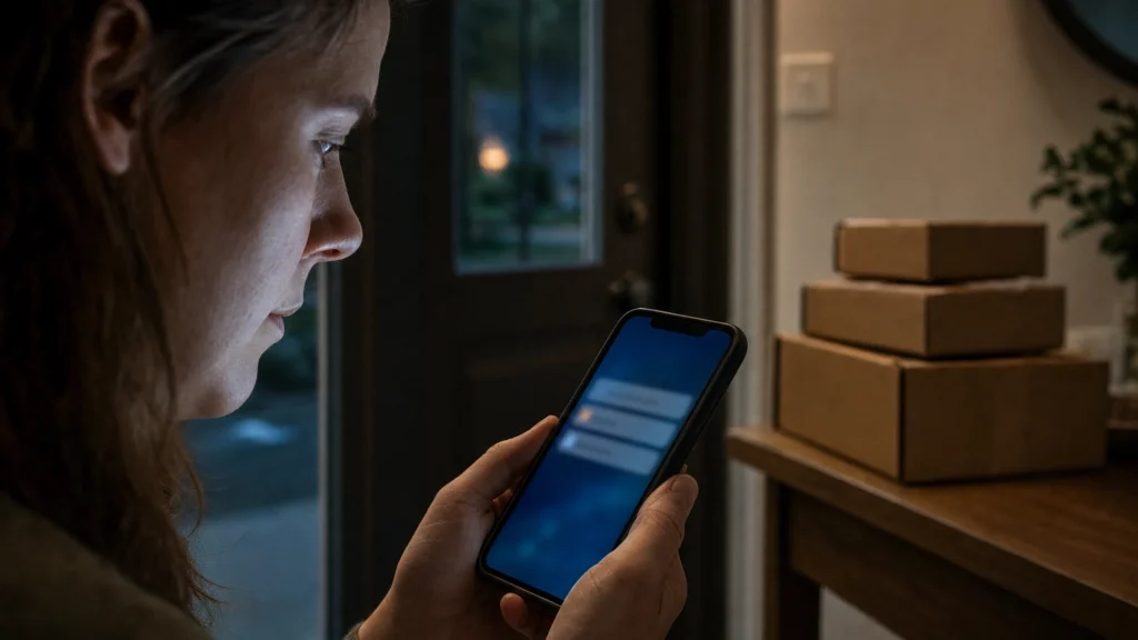 Person looking warily at a delivery notification text message on a smartphone near their front door