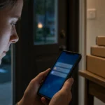 Person looking warily at a delivery notification text message on a smartphone near their front door