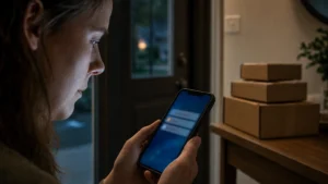 Person looking warily at a delivery notification text message on a smartphone near their front door