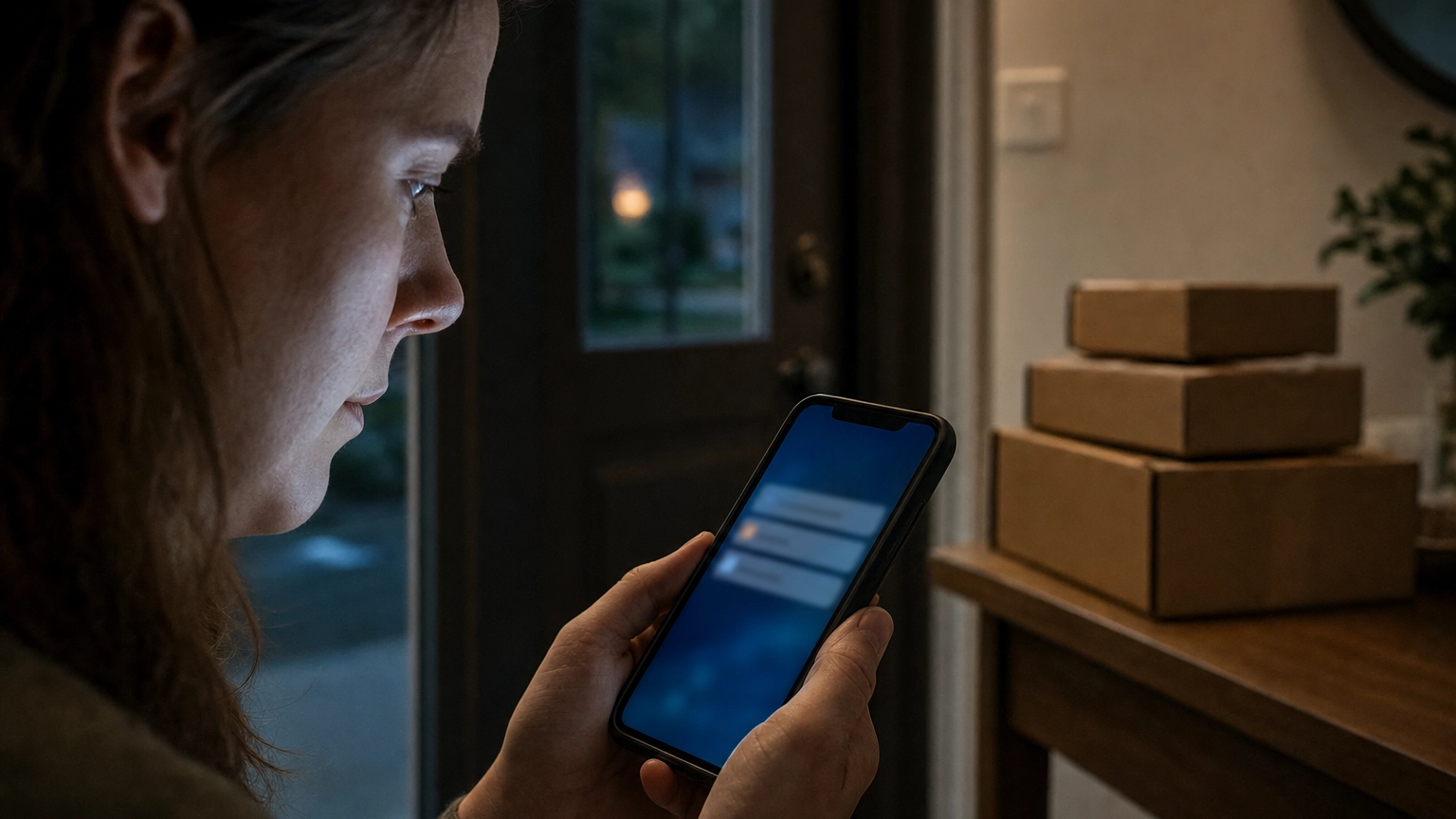 Person looking warily at a delivery notification text message on a smartphone near their front door