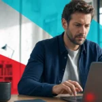 Person at a laptop hesitating before clicking a suspicious browser pop-up notification