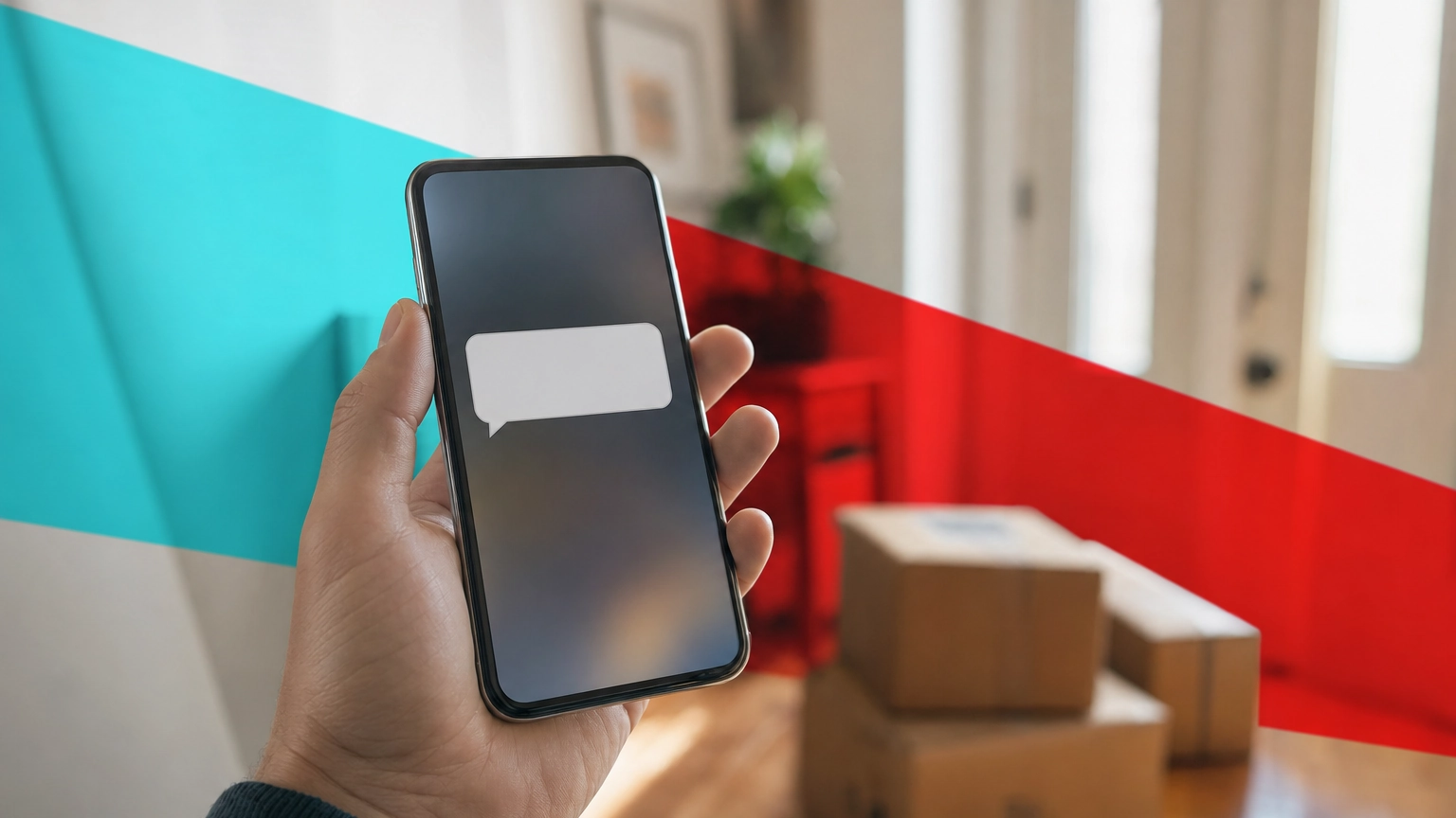 Hand holding a smartphone showing a text notification with delivery parcels blurred in the background