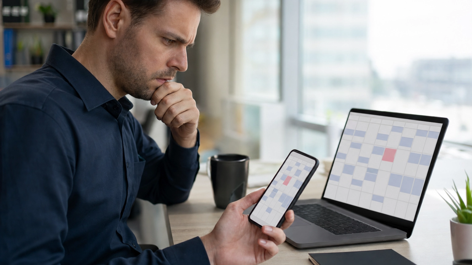 Office worker examining a suspicious calendar invite on a laptop and phone, illustrating calendar phishing