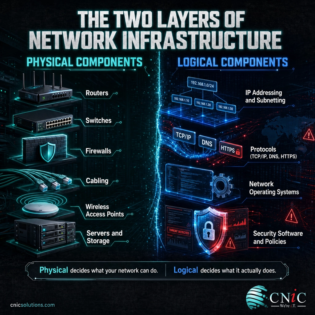 Two-column infographic comparing physical and logical network infrastructure components
