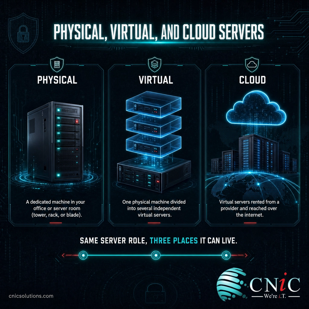 Infographic comparing physical, virtual, and cloud server deployment side by side