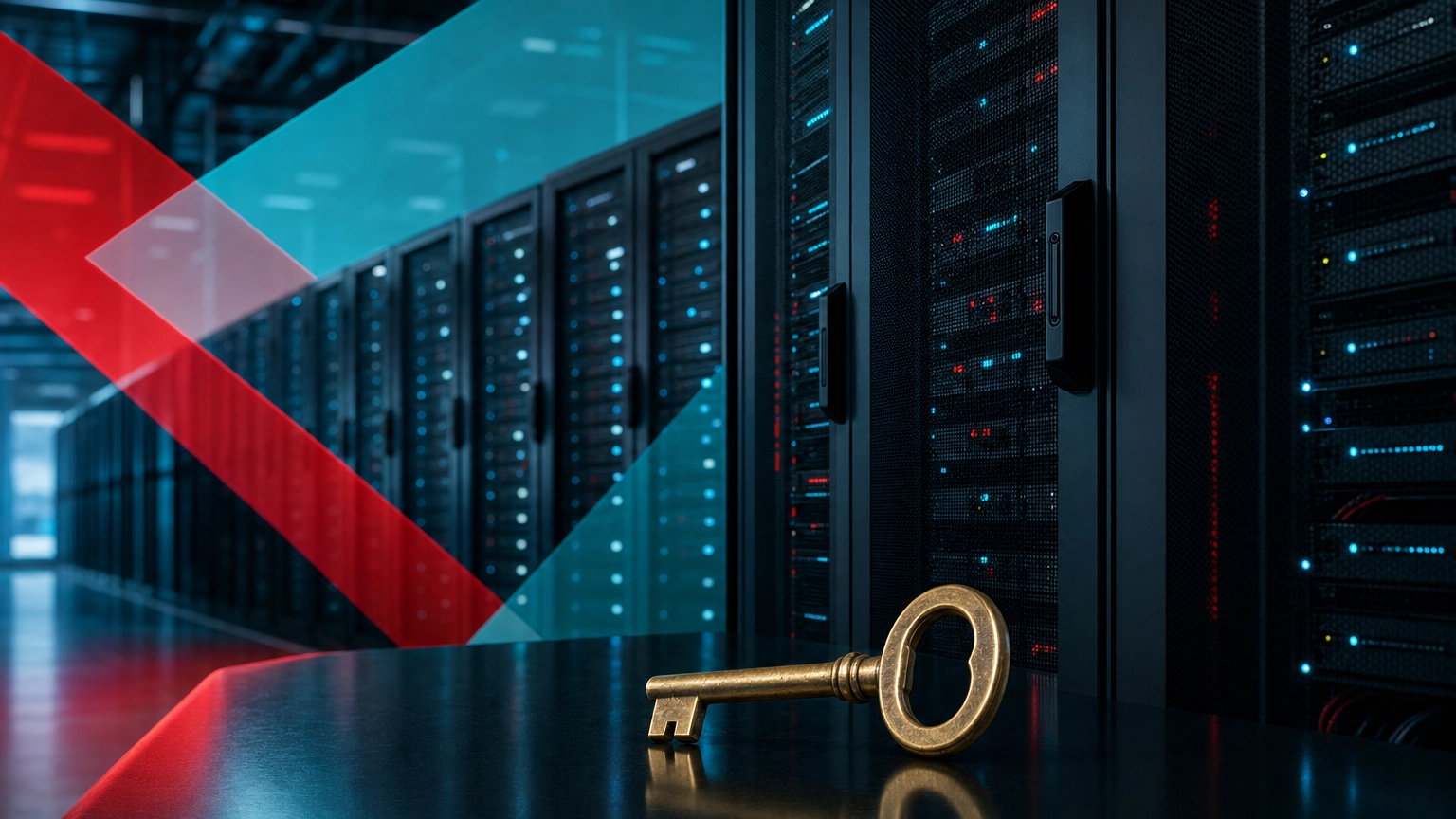 A single key in front of enterprise server racks, representing privileged access to critical systems
