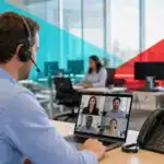 IT support technician with headset managing remote team via video conference in Houston office.