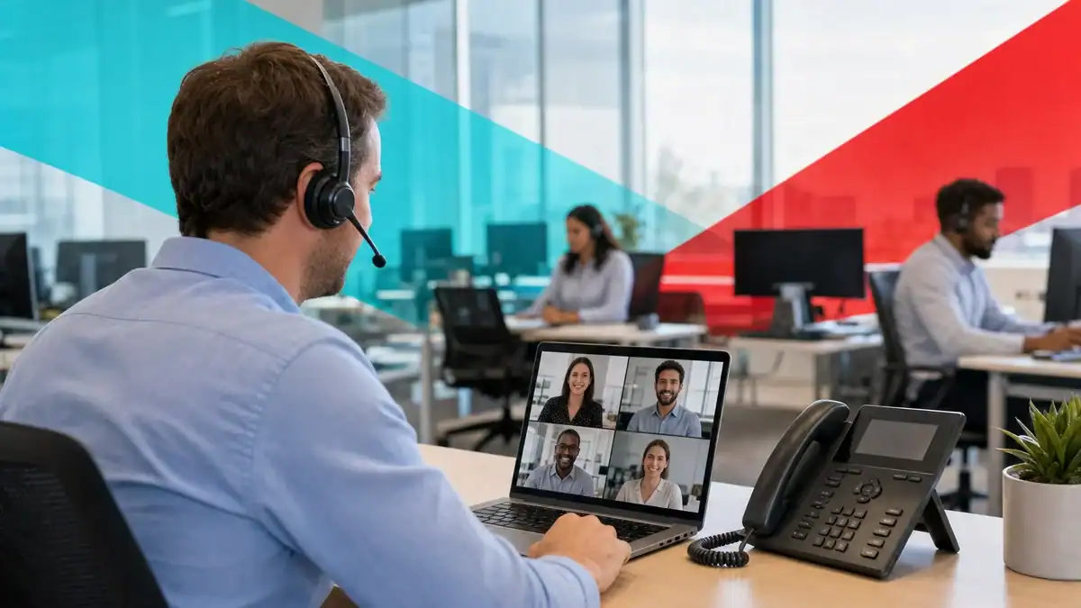 IT support technician with headset managing remote team via video conference in Houston office.