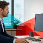 Business professional pausing at a desk in front of a frozen, unresponsive desktop computer