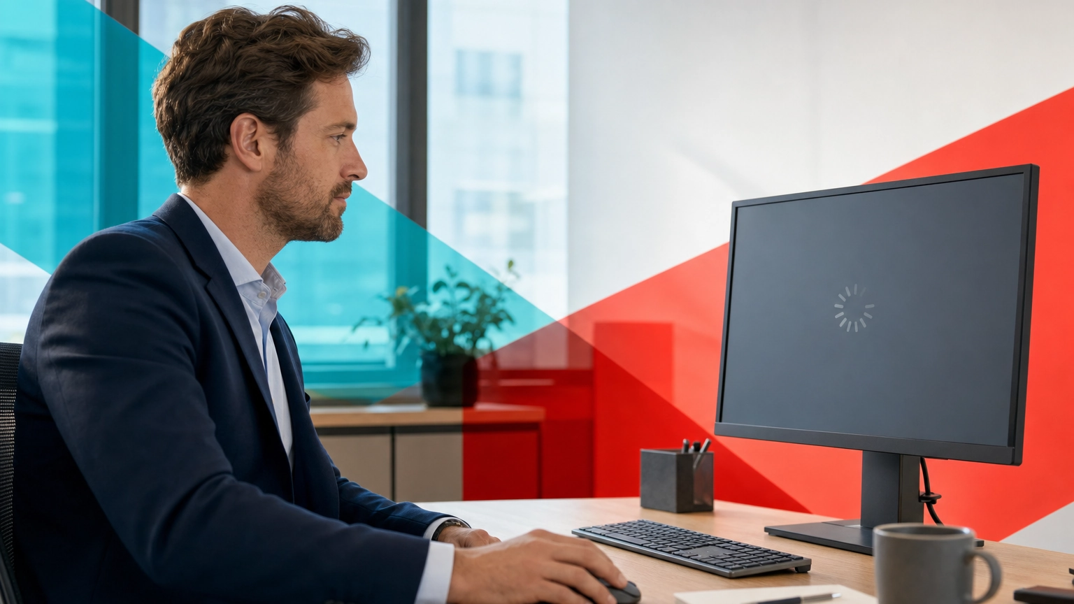 Business professional pausing at a desk in front of a frozen, unresponsive desktop computer