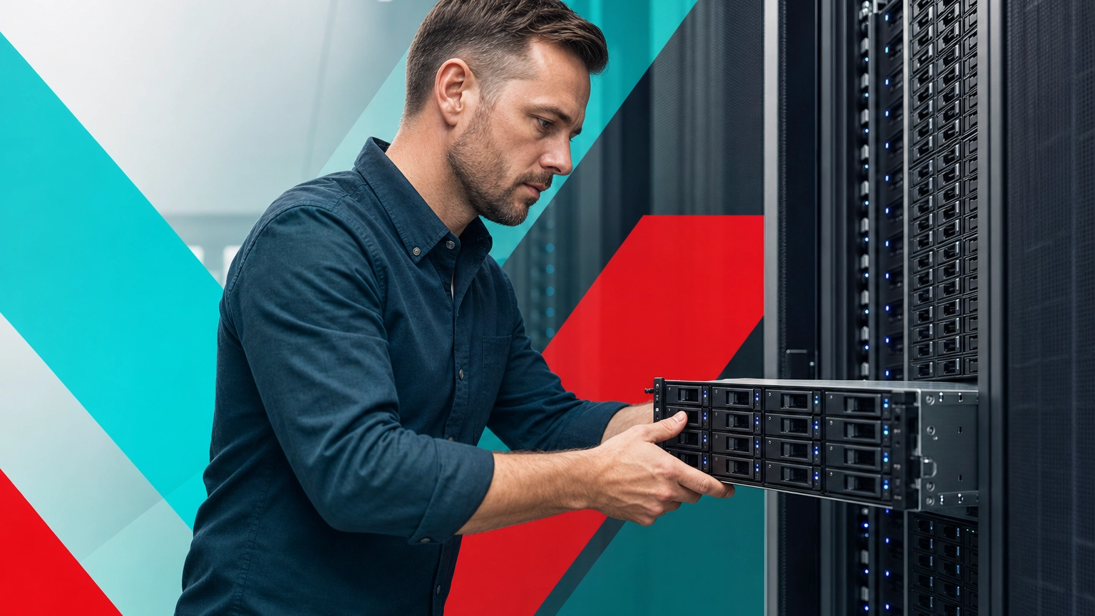 IT professional servicing a rackmount NAS storage unit in a business server rack