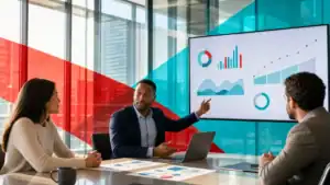 IT professionals discussing network solutions and cybersecurity strategies in a modern office.