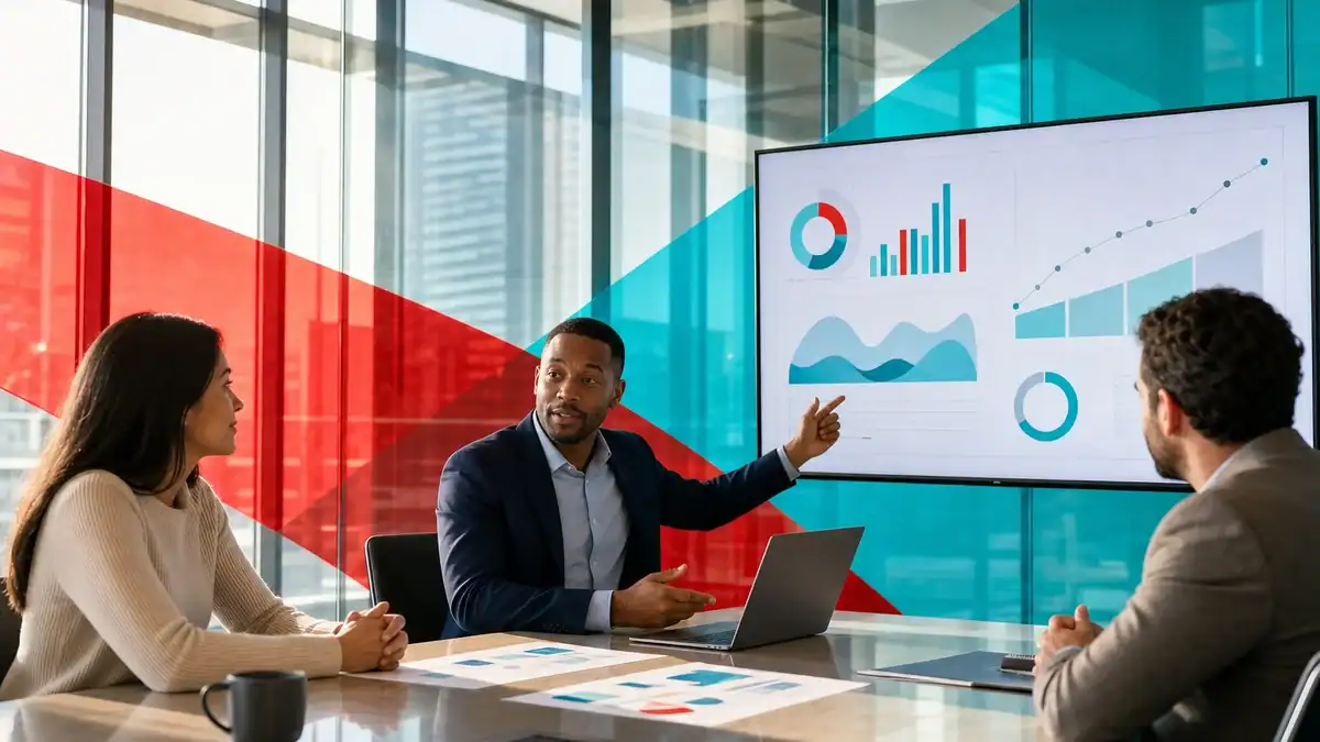 IT professionals discussing network solutions and cybersecurity strategies in a modern office.