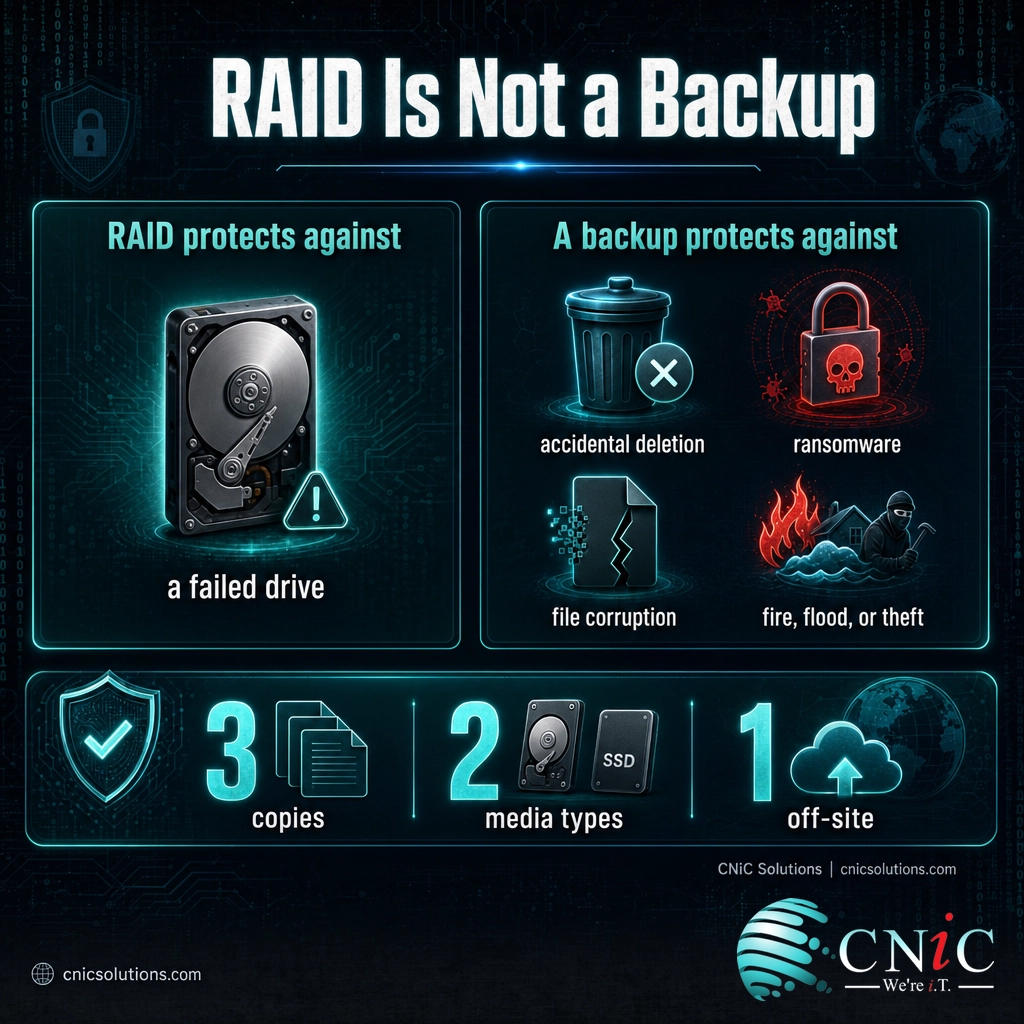Infographic showing RAID only protects against a failed drive while backups and the 3-2-1 rule protect against deletion, ransomware, and disaster