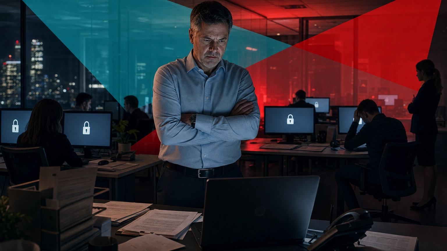 Small business office at night with every computer screen locked by a ransomware attack