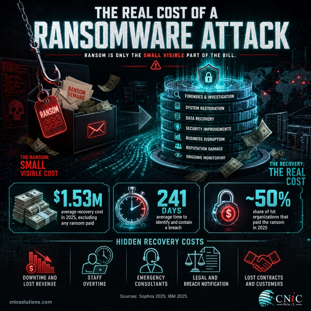 Infographic showing ransomware recovery costs $1.53M and 241 days to contain, far more than the ransom