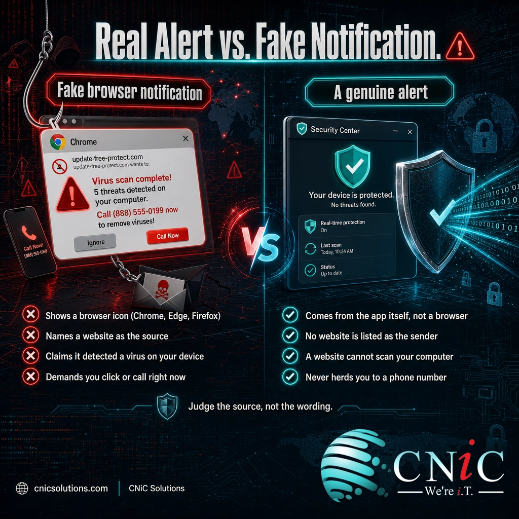 Two-column infographic comparing the tells of a fake browser notification against a genuine system alert