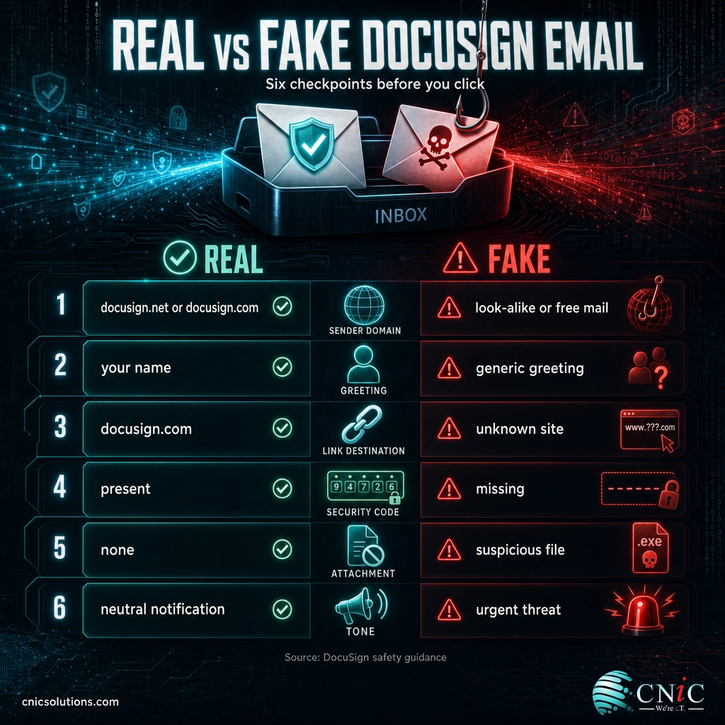 Side by side comparison of a real DocuSign email versus a fake one across six checkpoints Business professional carefully checking a suspicious DocuSign email on a laptop
