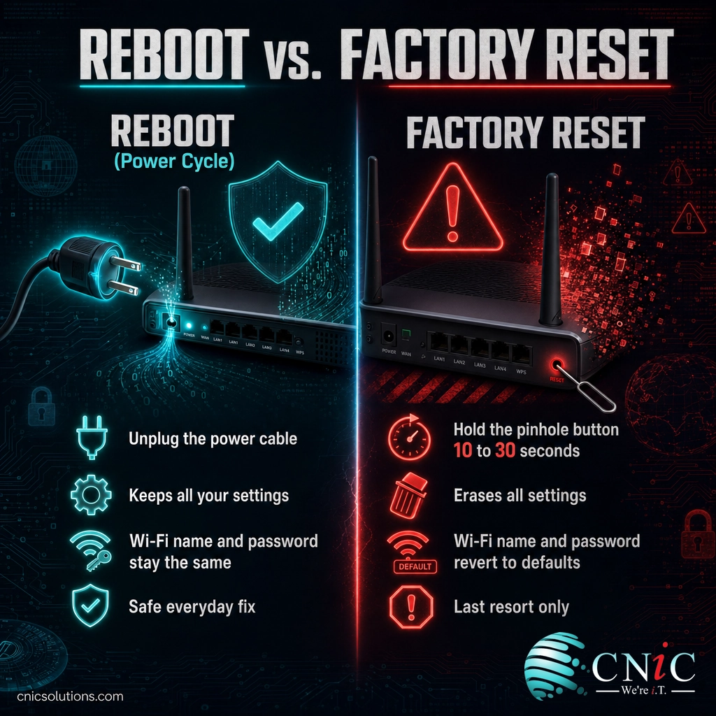 Comparison infographic showing reboot keeps router settings while a factory reset erases them