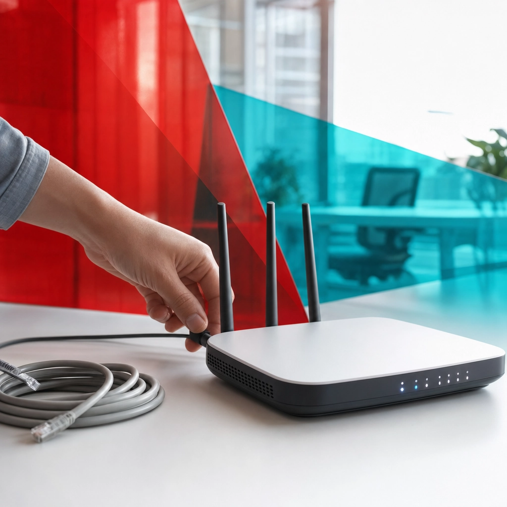 Hand reaching to unplug the power cable on a modern wireless router to reboot it
