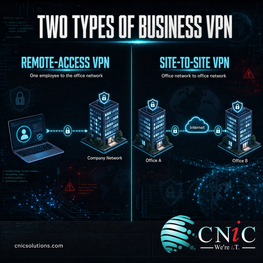 Infographic comparing a remote-access VPN connecting one employee to the office with a site-to-site VPN linking two office networks