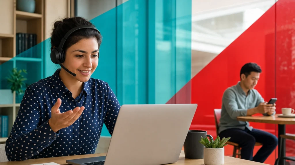 Remote workers taking business calls on a laptop headset and a smartphone from different locations