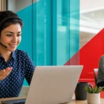 Remote workers taking business calls on a laptop headset and a smartphone from different locations