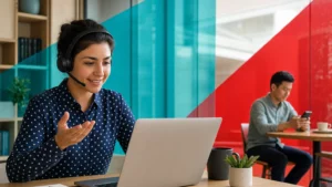 Remote workers taking business calls on a laptop headset and a smartphone from different locations