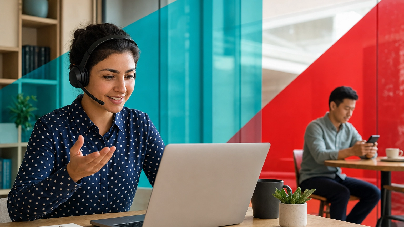 Remote workers taking business calls on a laptop headset and a smartphone from different locations