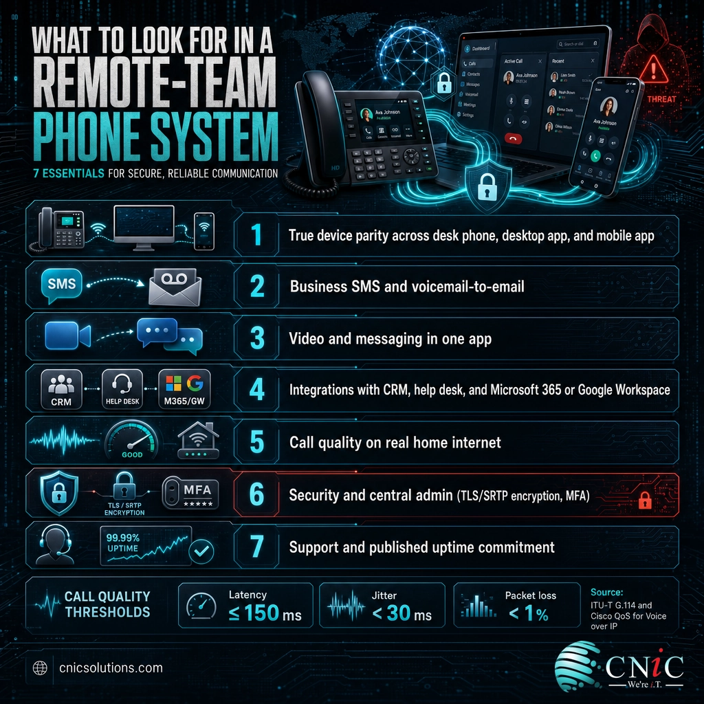Infographic listing the seven criteria to evaluate a phone system for remote teams plus voice quality thresholds