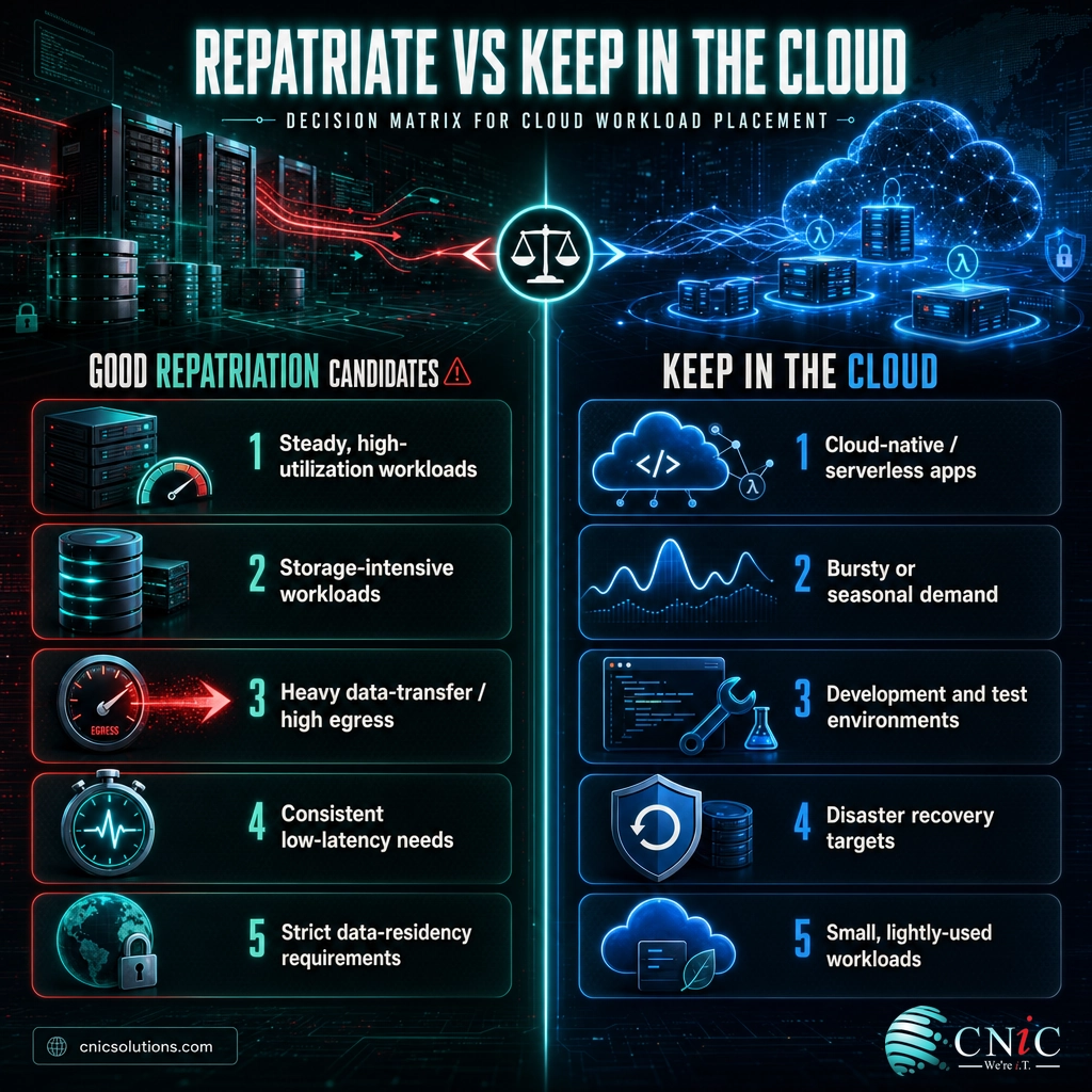 Decision matrix comparing which workloads are good candidates for cloud repatriation versus which should stay in the cloud