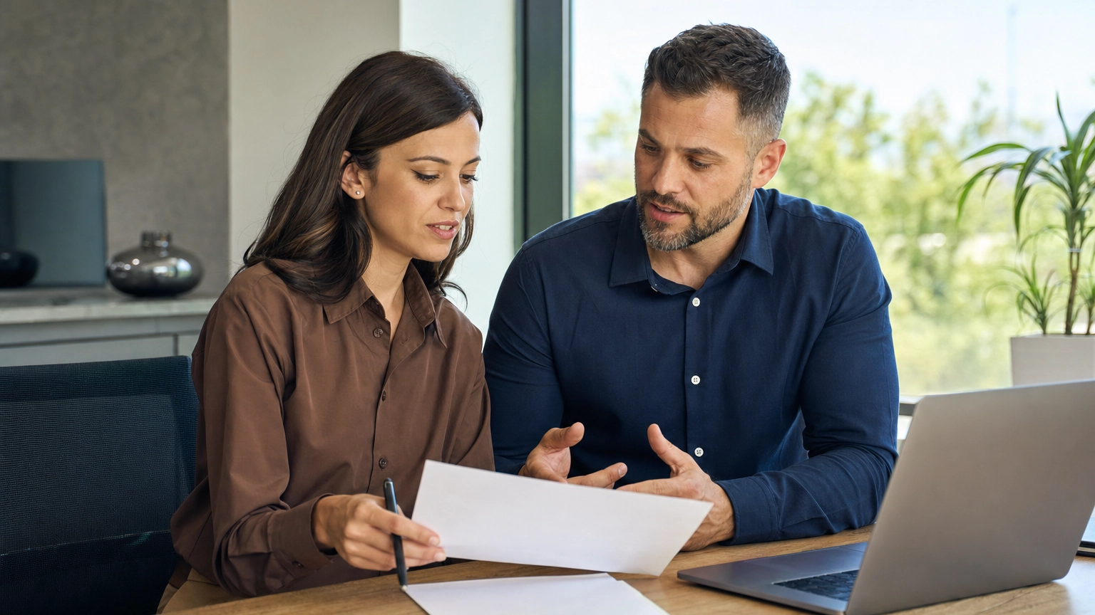 An IT security professional reviewing a cybersecurity risk assessment report with a small business owner in an office