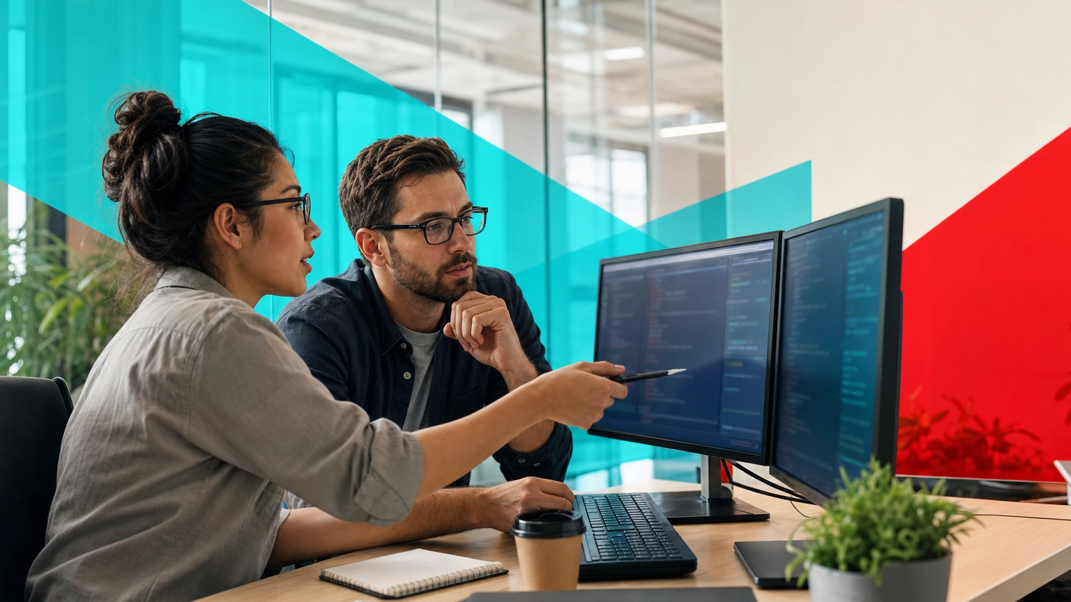 A developer and a security specialist reviewing code and cloud dashboards together at a workstation in a modern office