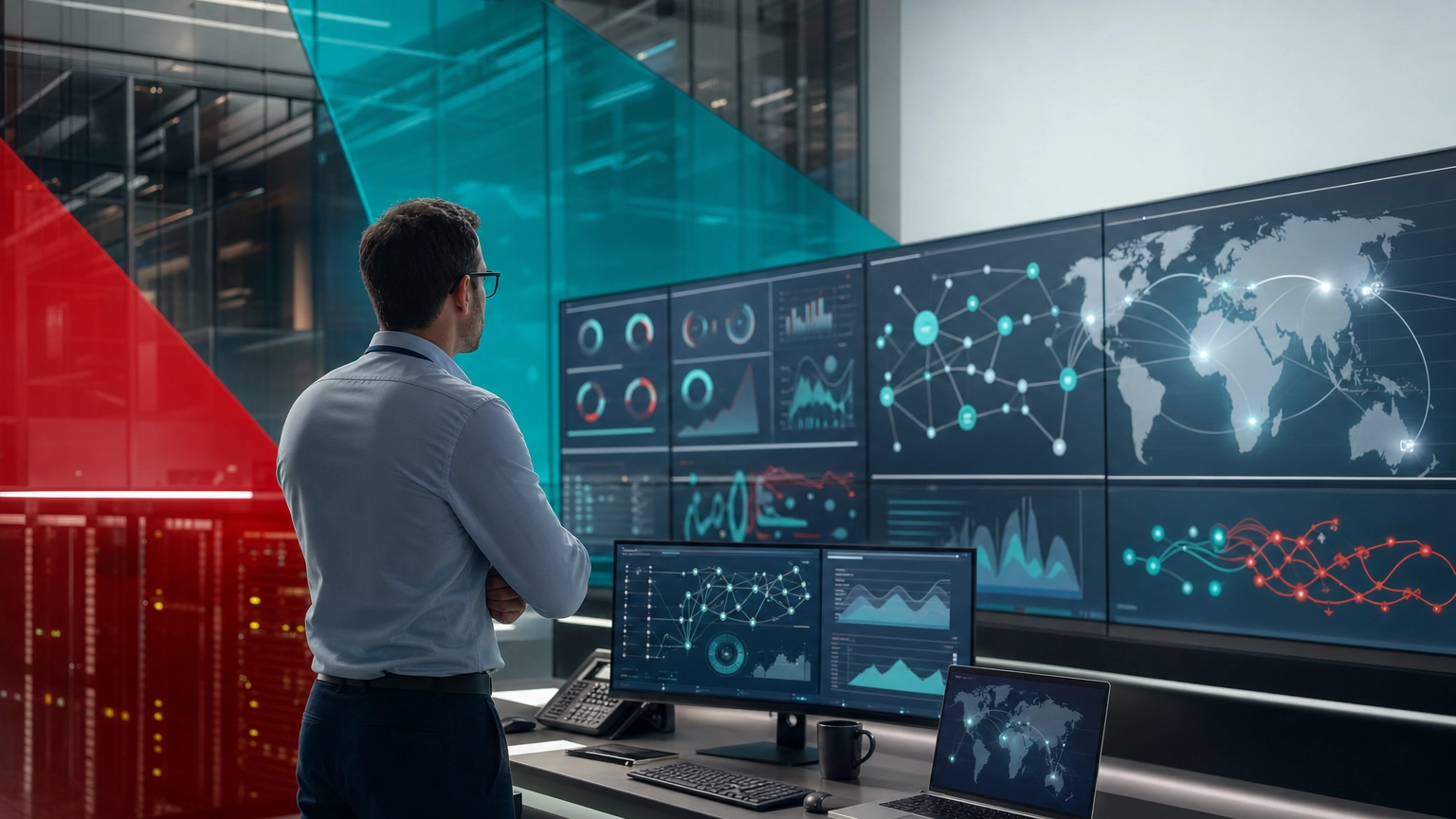 Modern business network operations connecting multiple office locations, illustrating software-defined WAN