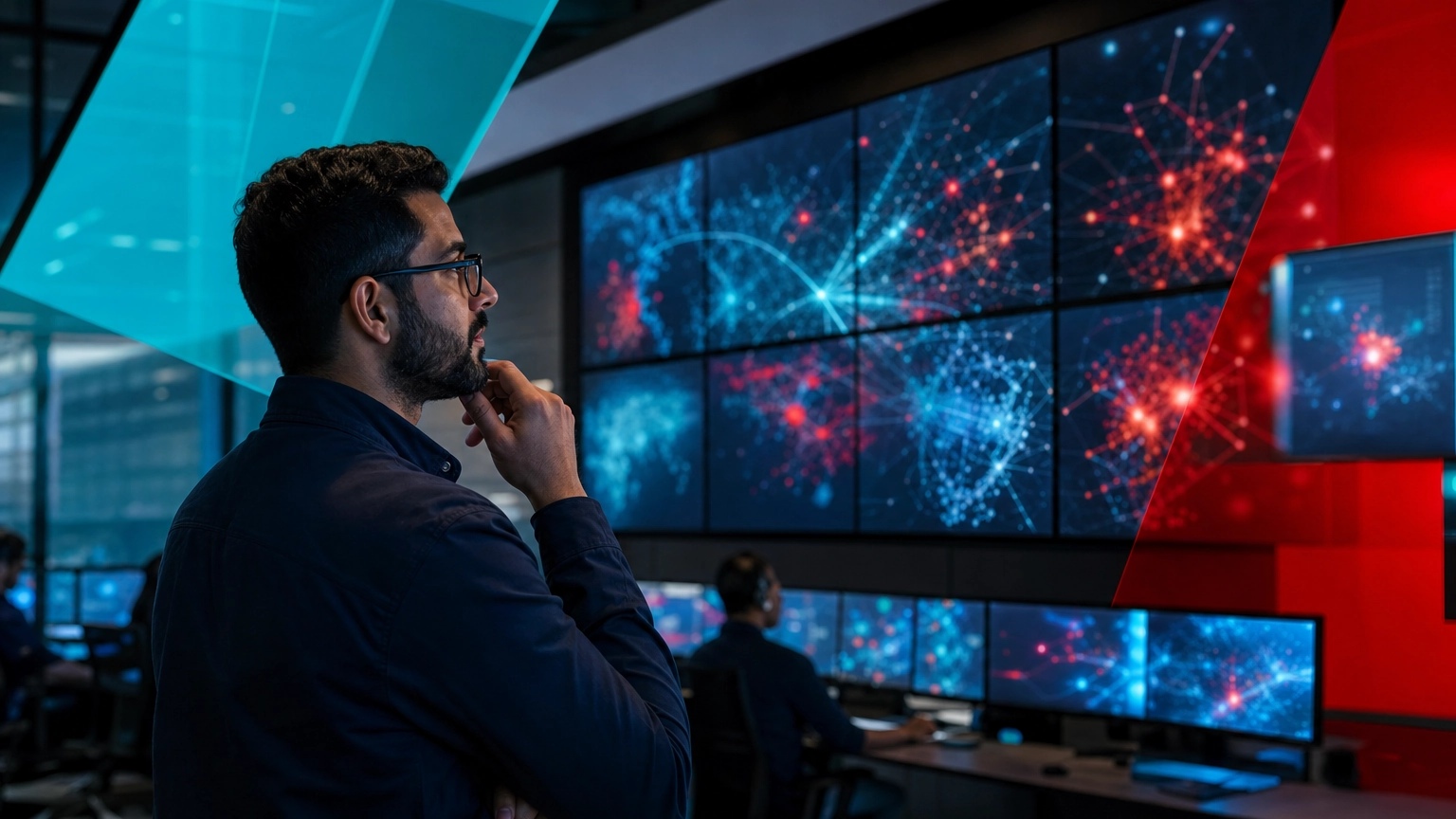 Security analyst monitoring malware and cyber threats in a business security operations center