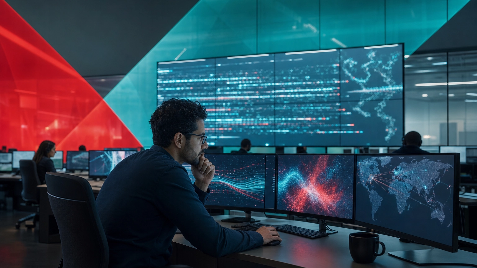 Security analyst watching aggregated log feeds and alerts on a SIEM video wall in a security operations center