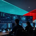 IT professionals monitoring global network security and infrastructure in a high-tech control room.