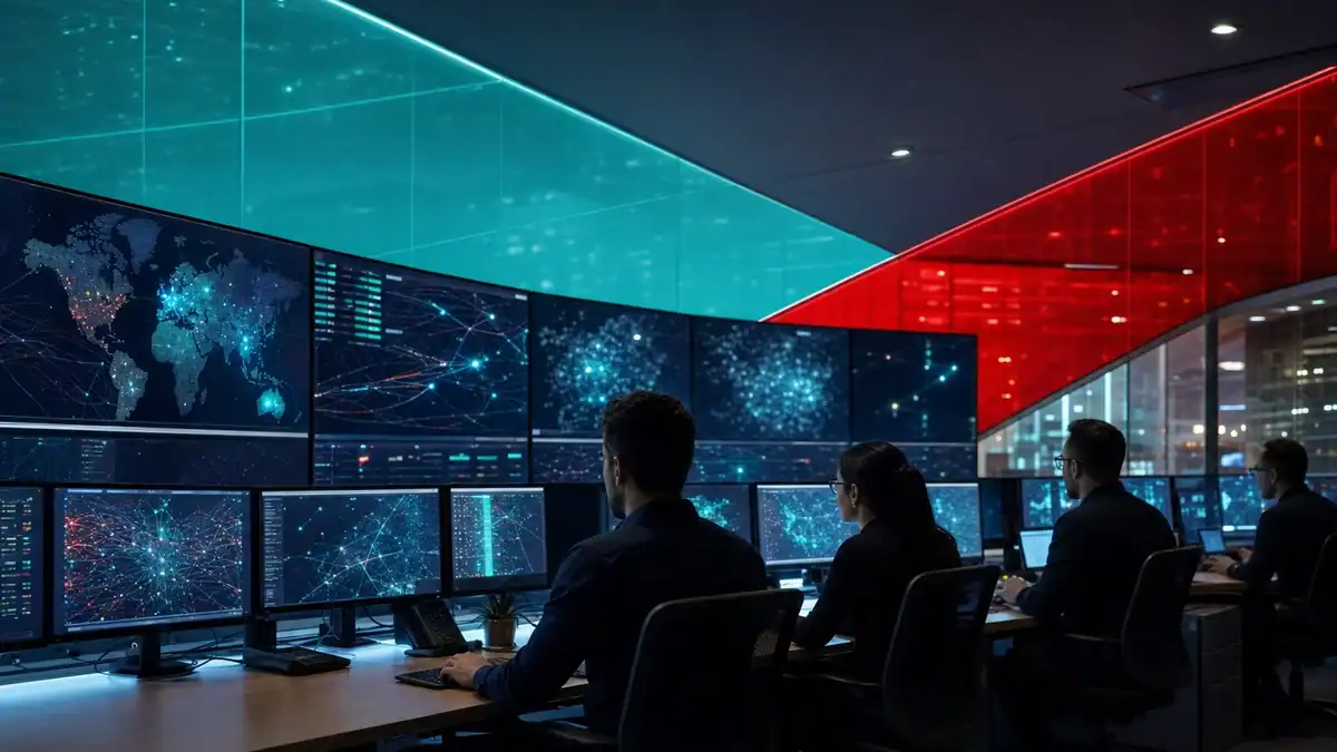 IT professionals monitoring global network security and infrastructure in a high-tech control room.