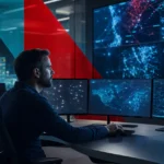 Security analyst monitoring endpoint activity on large screens in a modern security operations center