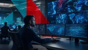 Security analyst monitoring endpoint activity on large screens in a modern security operations center