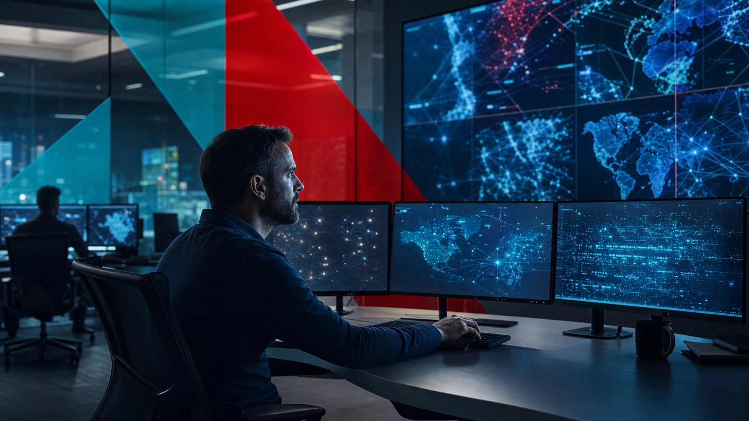 Security analyst monitoring endpoint activity on large screens in a modern security operations center