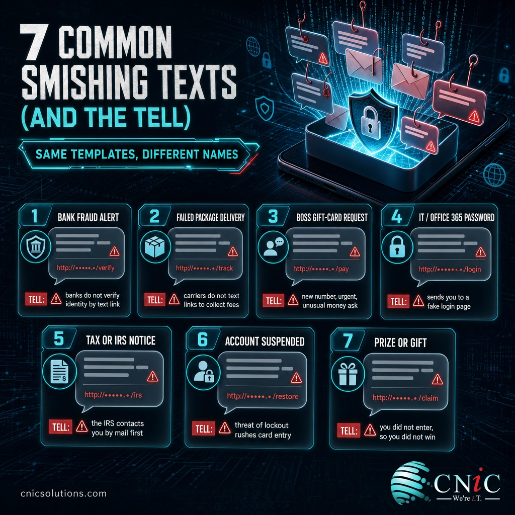 Infographic of seven common smishing text scams including fake bank alerts, delivery fees, and boss gift-card requests, with the tell for each