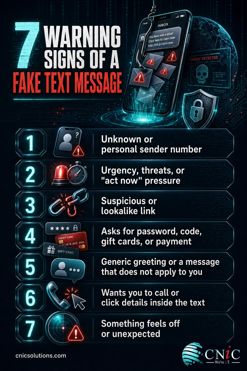 Infographic listing seven warning signs of a fake text message, from unknown sender to urgent requests for money