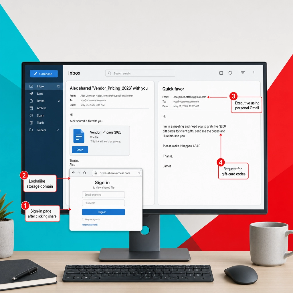 Annotated phishing mockups showing a fake shared-file notification and a gift-card request
