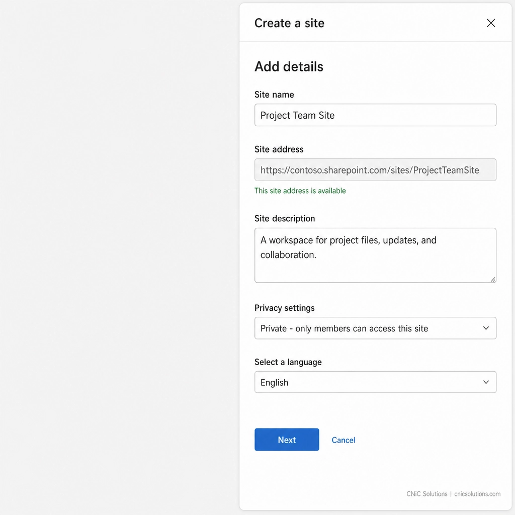 SharePoint create-site dialog showing site name, address, description, privacy, and language fields