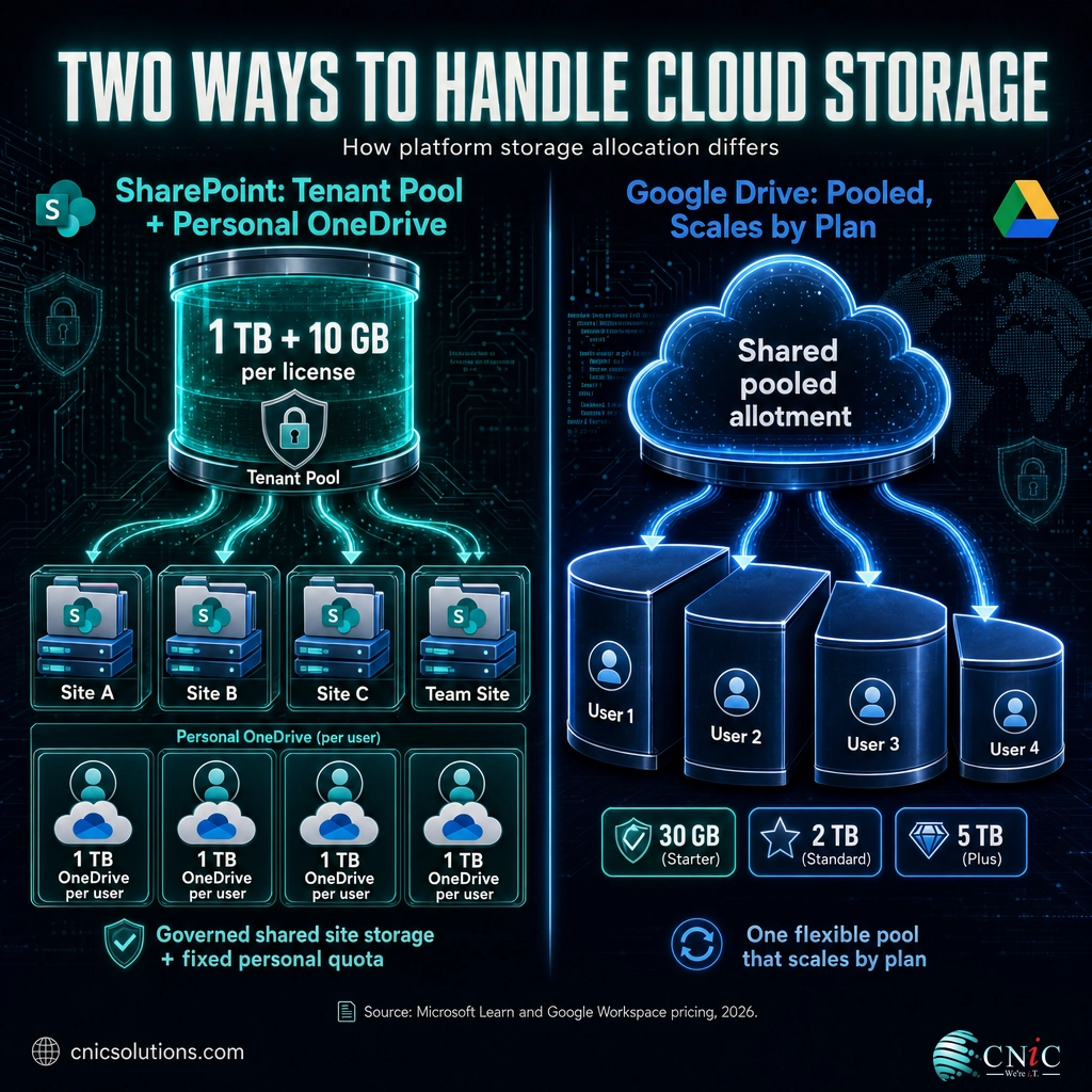 Infographic comparing SharePoint tenant storage pool plus OneDrive against Google Drive pooled storage tiers
