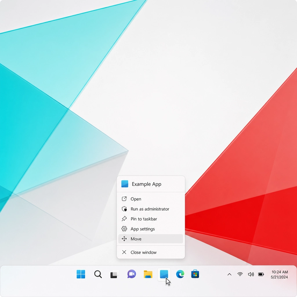 Windows 11 taskbar icon right-click menu showing the Move command highlighted