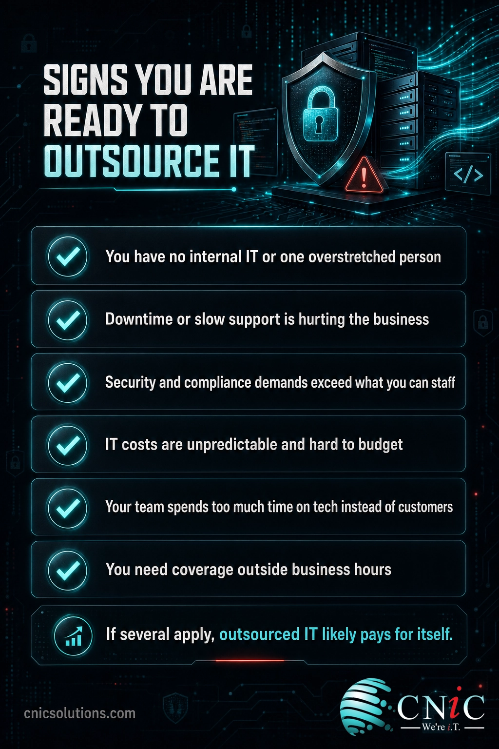 Checklist infographic showing six signs a business is ready to move to outsourced IT services