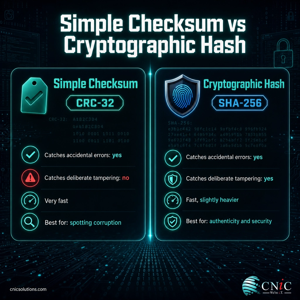 Infographic comparing a simple checksum like CRC-32 with a cryptographic hash like SHA-256 for error detection and tamper detection