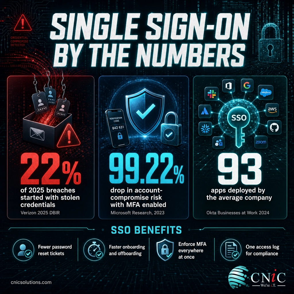 Infographic of SSO business benefits with breach, MFA effectiveness, and app-count statistics